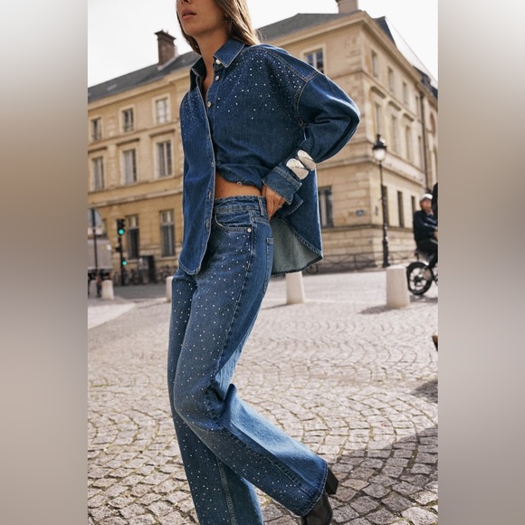 ZARA Z1975 FULL LENGTH STRAIGHT CUT BEADED JEANS WITH A HIGH WAIST - Picture 4 of 8